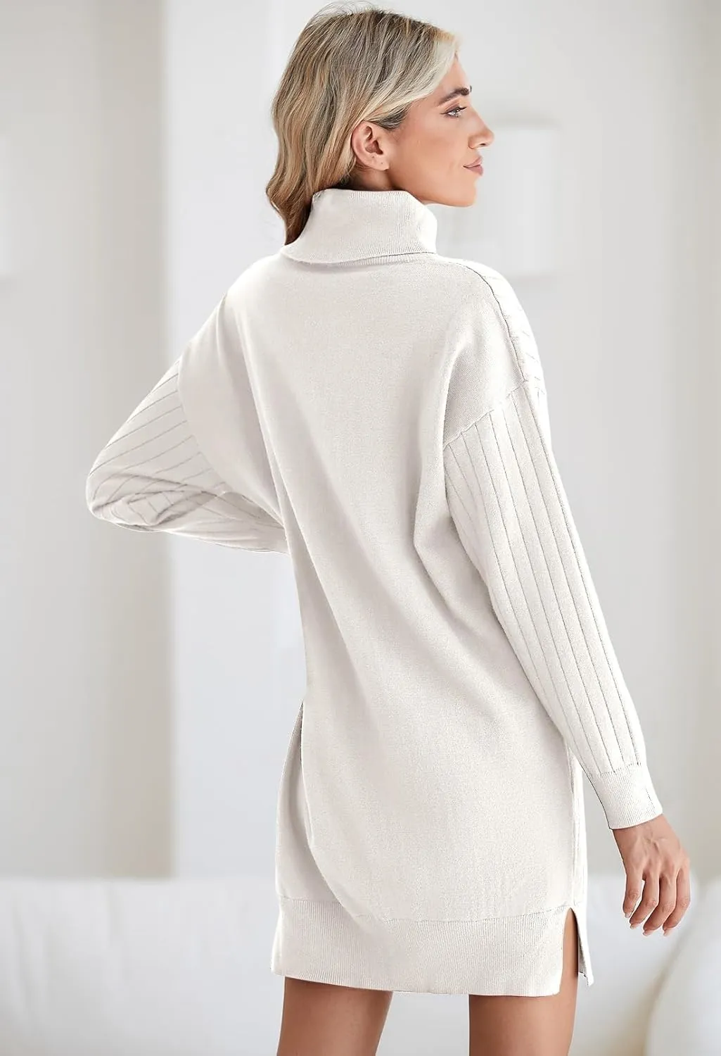 Pink Queen Women's Fall Winter Sweater Dress 2024 Loose Turtleneck Long Sleeve Cocktail Party Ribbed Knit Mini Dress Outfits