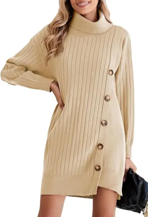 Pink Queen Women's Fall Winter Sweater Dress 2024 Loose Turtleneck Long Sleeve Cocktail Party Ribbed Knit Mini Dress Outfits
