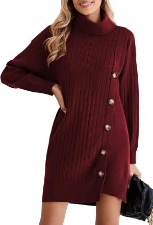 Pink Queen Women's Fall Winter Sweater Dress 2024 Loose Turtleneck Long Sleeve Cocktail Party Ribbed Knit Mini Dress Outfits