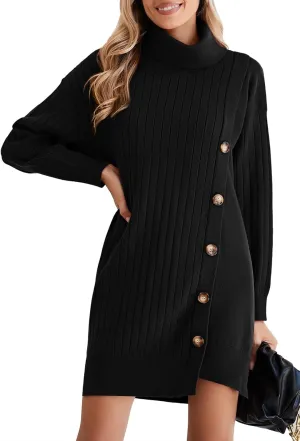 Pink Queen Women's Fall Winter Sweater Dress 2024 Loose Turtleneck Long Sleeve Cocktail Party Ribbed Knit Mini Dress Outfits
