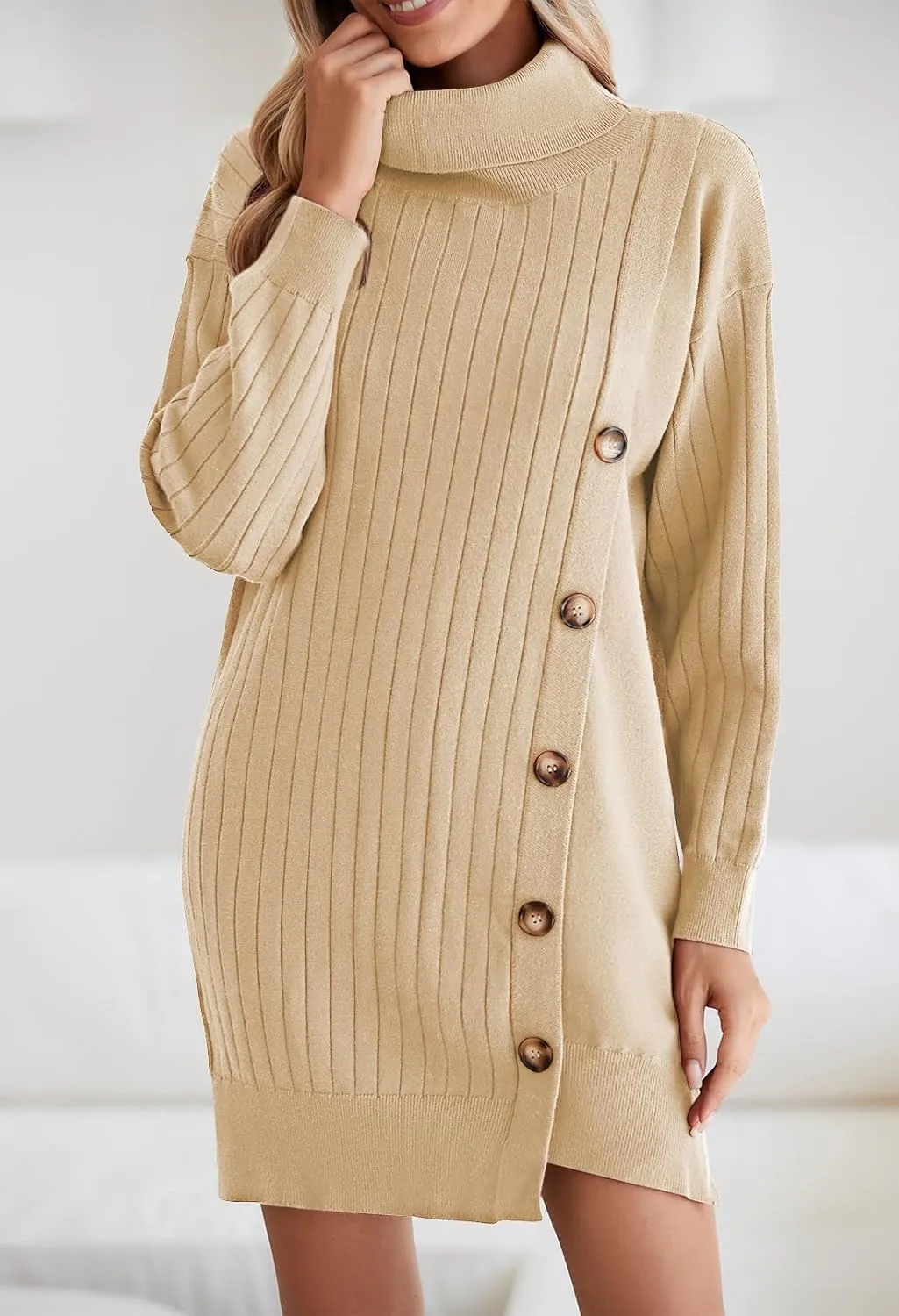 Pink Queen Women's Fall Winter Sweater Dress 2024 Loose Turtleneck Long Sleeve Cocktail Party Ribbed Knit Mini Dress Outfits