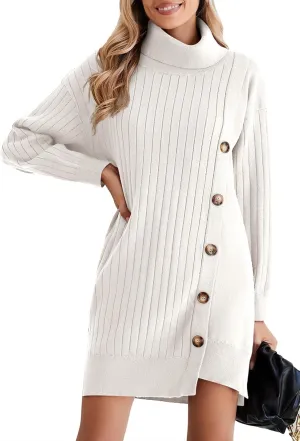 Pink Queen Women's Fall Winter Sweater Dress 2024 Loose Turtleneck Long Sleeve Cocktail Party Ribbed Knit Mini Dress Outfits