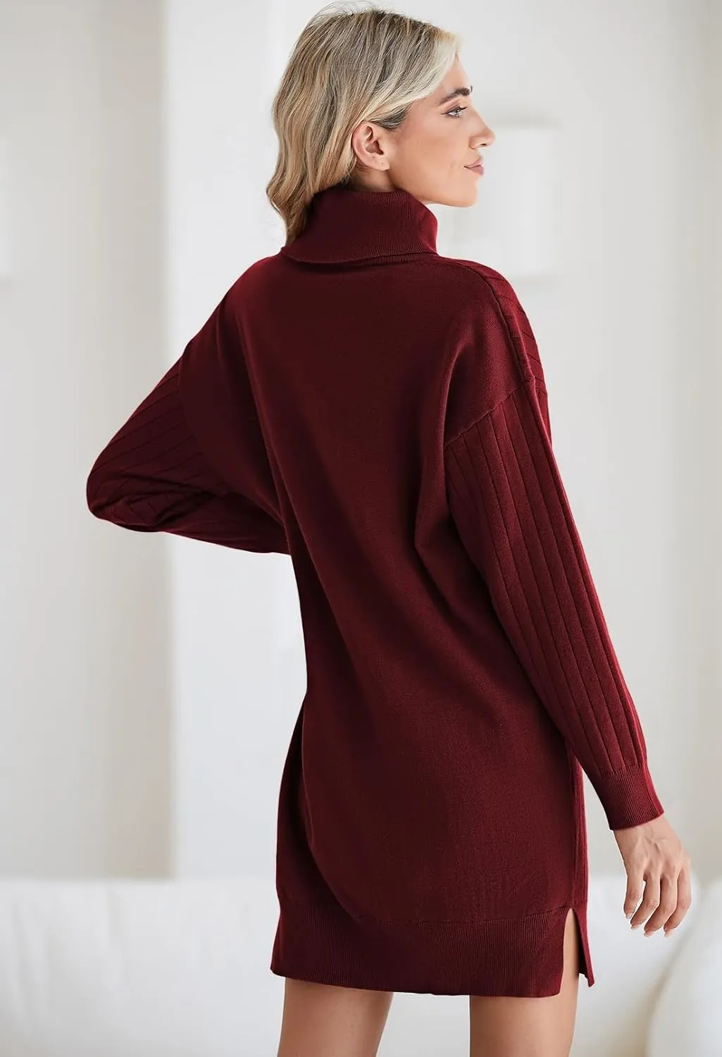 Pink Queen Women's Fall Winter Sweater Dress 2024 Loose Turtleneck Long Sleeve Cocktail Party Ribbed Knit Mini Dress Outfits