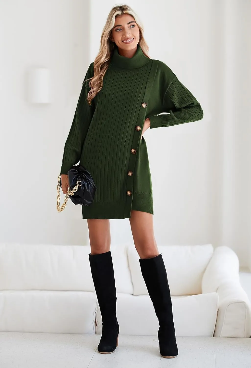Pink Queen Women's Fall Winter Sweater Dress 2024 Loose Turtleneck Long Sleeve Cocktail Party Ribbed Knit Mini Dress Outfits
