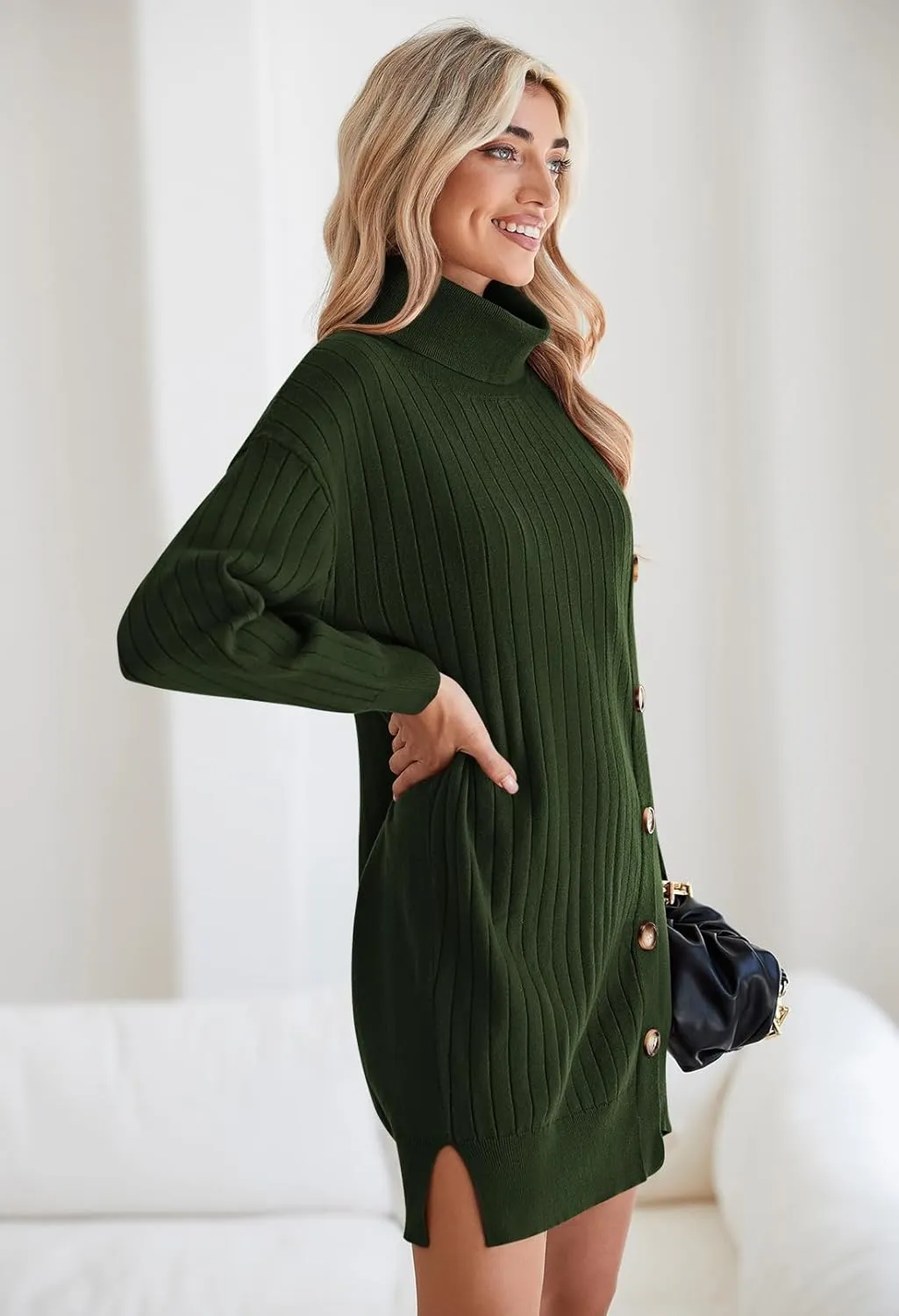 Pink Queen Women's Fall Winter Sweater Dress 2024 Loose Turtleneck Long Sleeve Cocktail Party Ribbed Knit Mini Dress Outfits