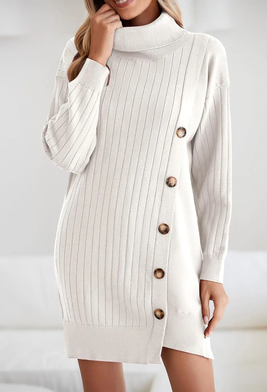 Pink Queen Women's Fall Winter Sweater Dress 2024 Loose Turtleneck Long Sleeve Cocktail Party Ribbed Knit Mini Dress Outfits