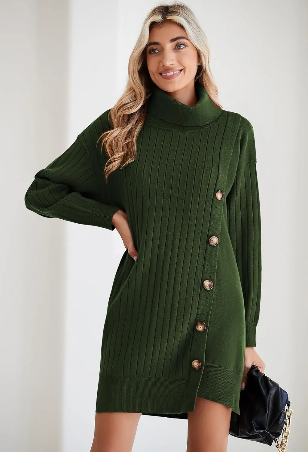 Pink Queen Women's Fall Winter Sweater Dress 2024 Loose Turtleneck Long Sleeve Cocktail Party Ribbed Knit Mini Dress Outfits
