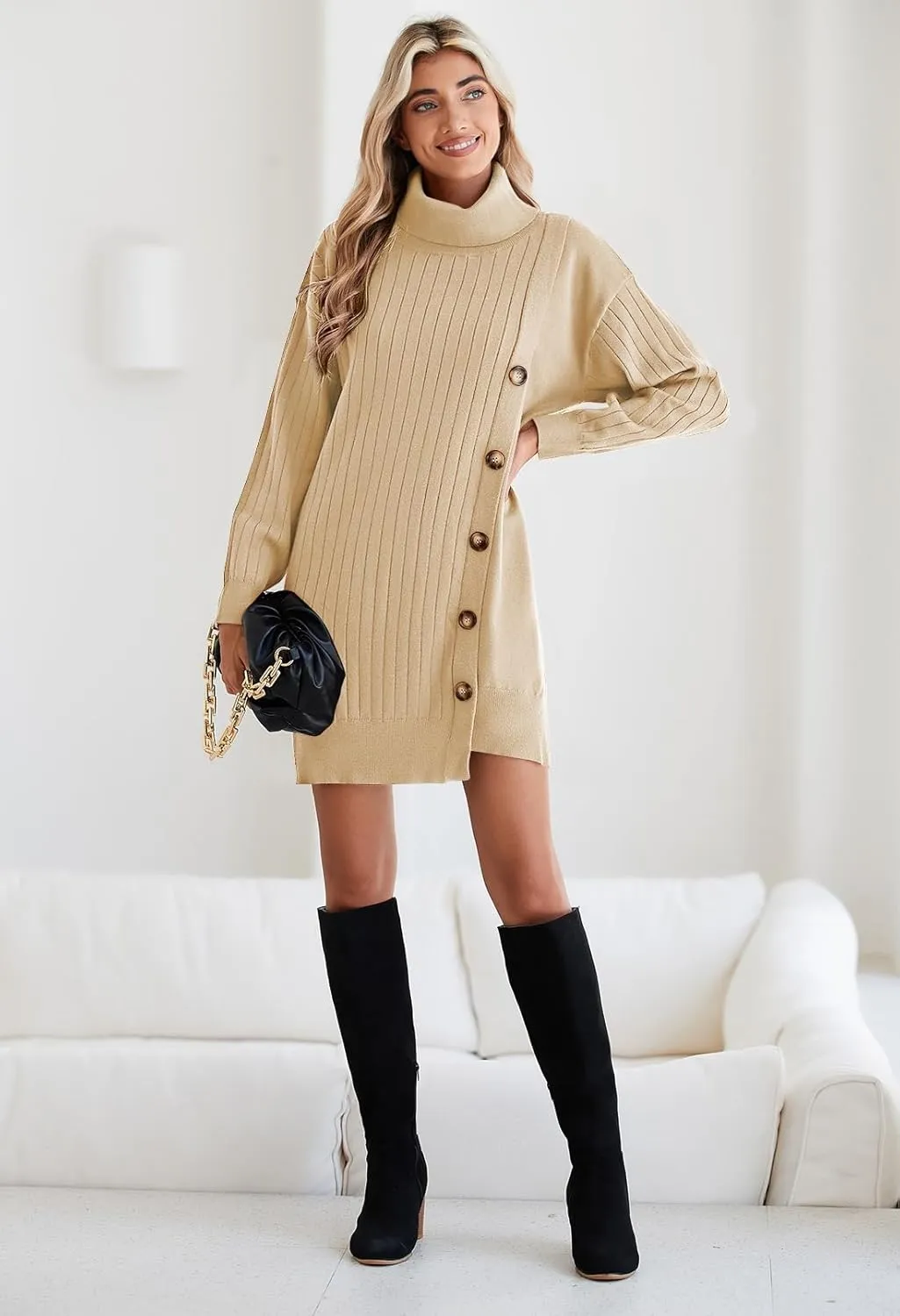 Pink Queen Women's Fall Winter Sweater Dress 2024 Loose Turtleneck Long Sleeve Cocktail Party Ribbed Knit Mini Dress Outfits