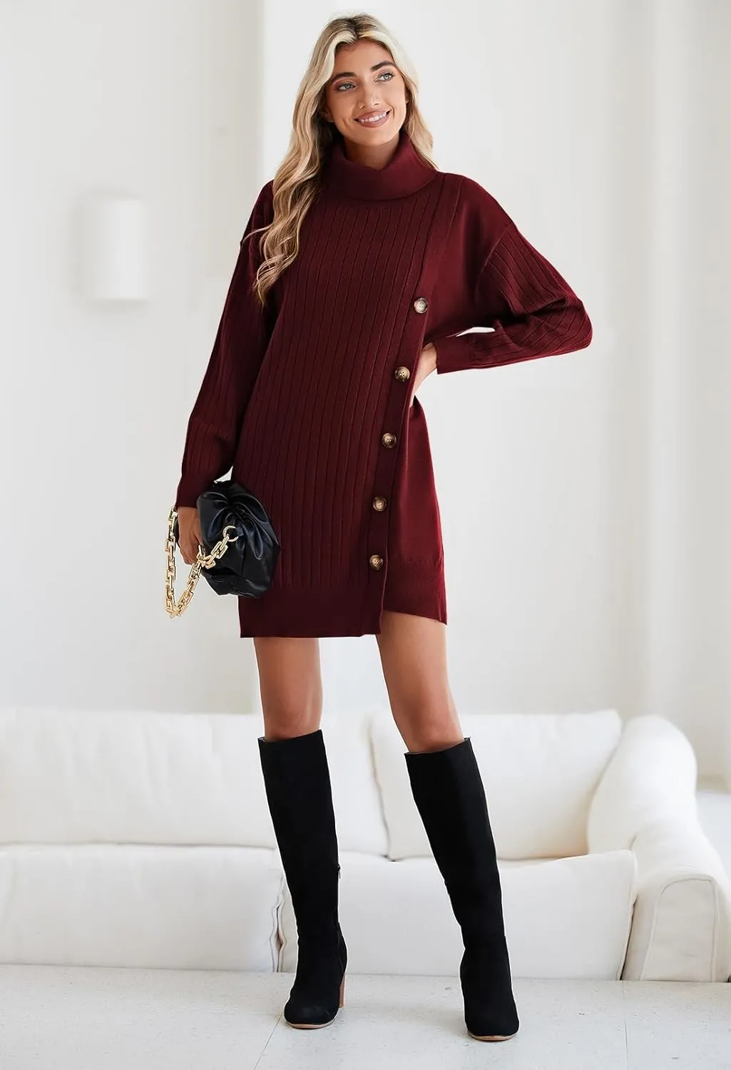 Pink Queen Women's Fall Winter Sweater Dress 2024 Loose Turtleneck Long Sleeve Cocktail Party Ribbed Knit Mini Dress Outfits