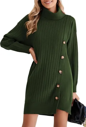 Pink Queen Women's Fall Winter Sweater Dress 2024 Loose Turtleneck Long Sleeve Cocktail Party Ribbed Knit Mini Dress Outfits
