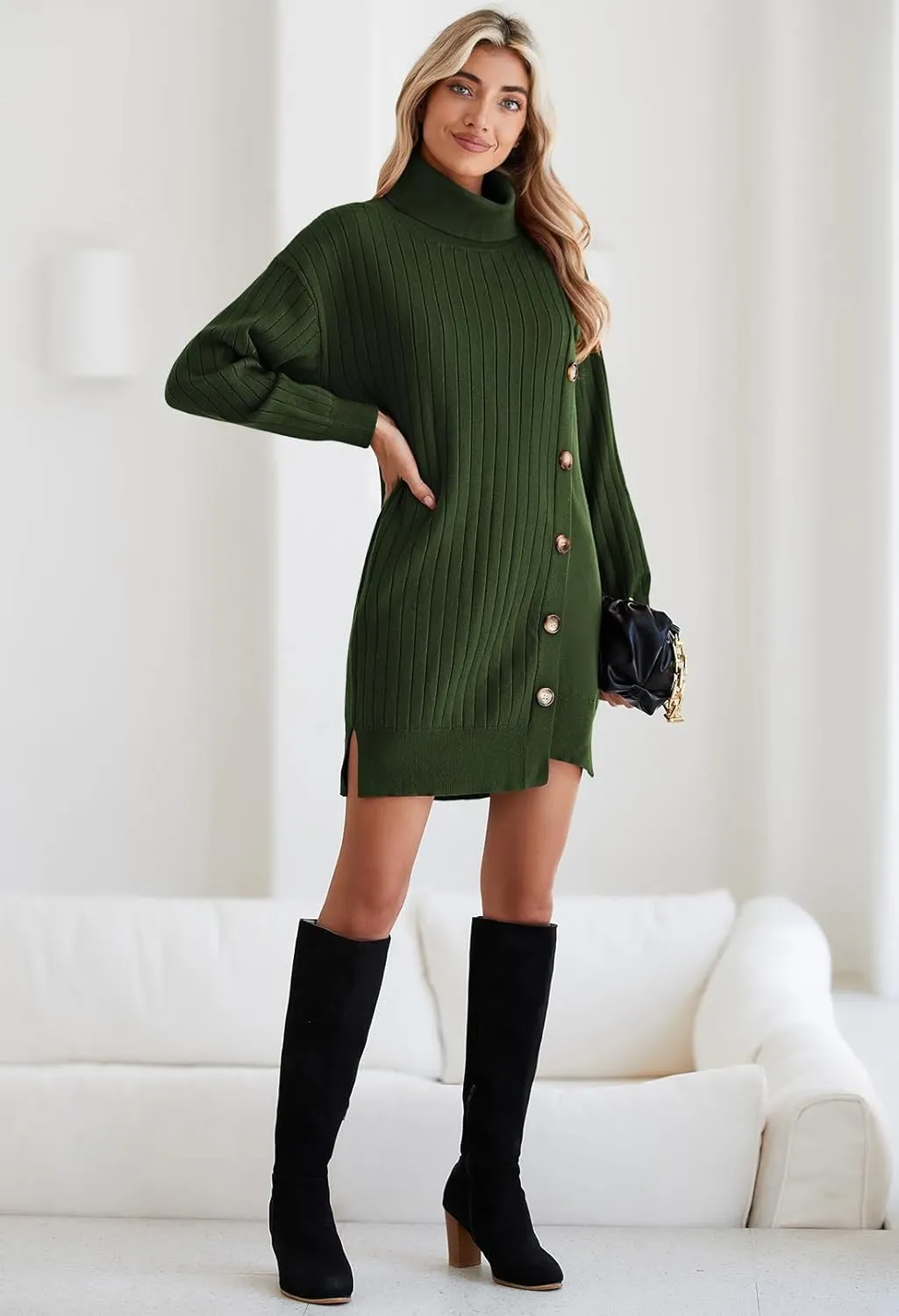 Pink Queen Women's Fall Winter Sweater Dress 2024 Loose Turtleneck Long Sleeve Cocktail Party Ribbed Knit Mini Dress Outfits