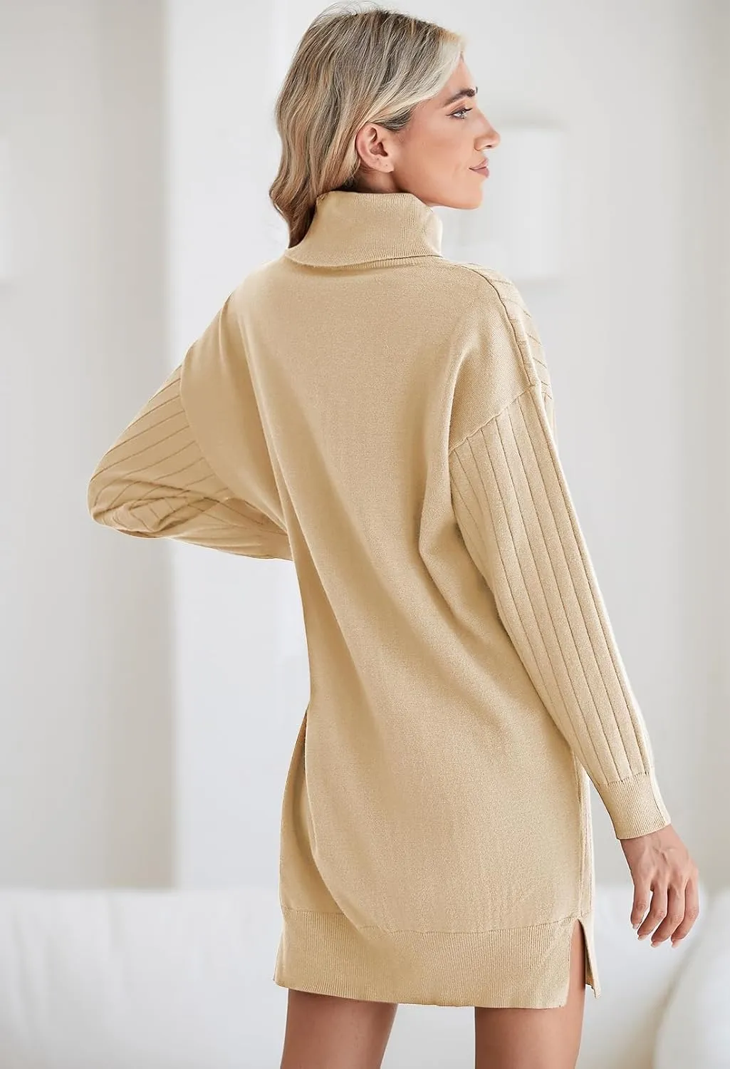 Pink Queen Women's Fall Winter Sweater Dress 2024 Loose Turtleneck Long Sleeve Cocktail Party Ribbed Knit Mini Dress Outfits