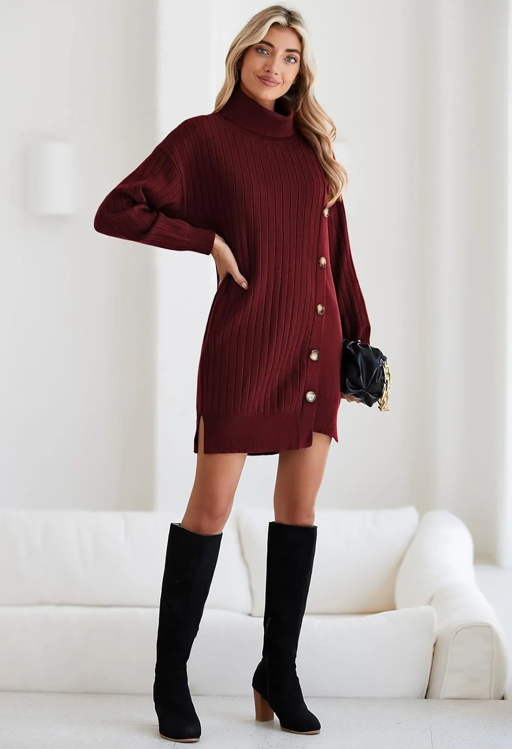 Pink Queen Women's Fall Winter Sweater Dress 2024 Loose Turtleneck Long Sleeve Cocktail Party Ribbed Knit Mini Dress Outfits
