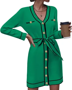 Pink Queen Women's Long Sleeve Button Down Mini Dress Elegant V Neck Open Front Color Block Knit Sweater Cardiagns with Belt