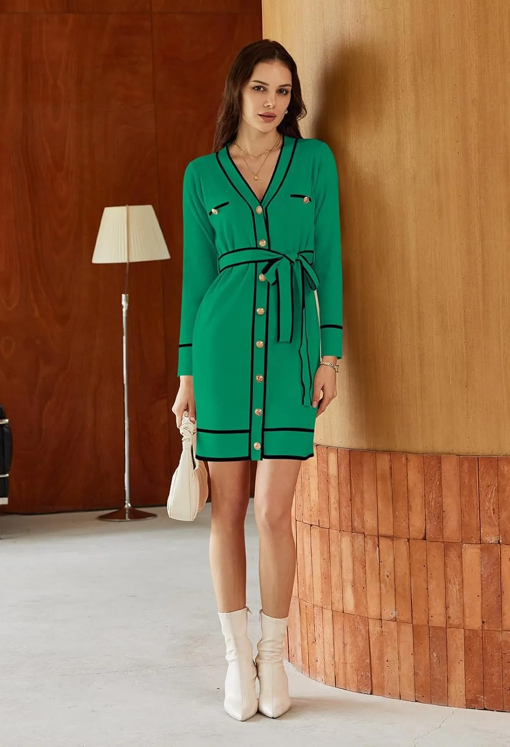 Pink Queen Women's Long Sleeve Button Down Mini Dress Elegant V Neck Open Front Color Block Knit Sweater Cardiagns with Belt
