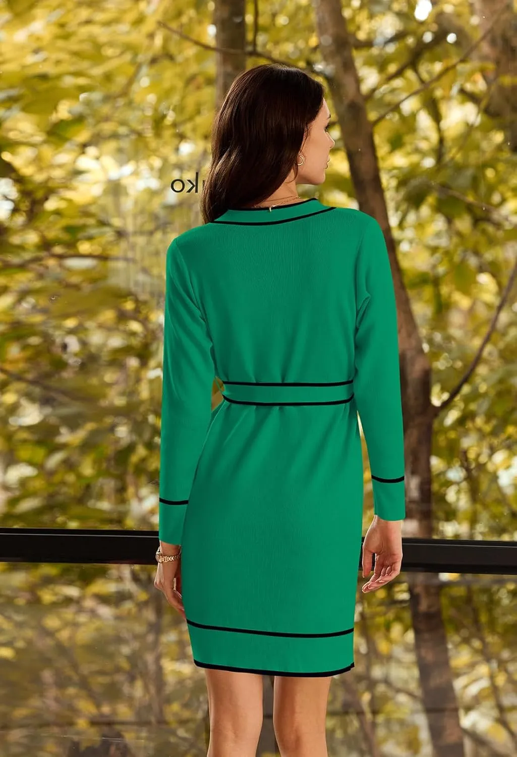Pink Queen Women's Long Sleeve Button Down Mini Dress Elegant V Neck Open Front Color Block Knit Sweater Cardiagns with Belt