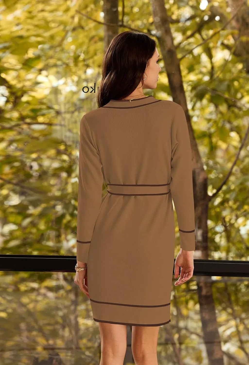 Pink Queen Women's Long Sleeve Button Down Mini Dress Elegant V Neck Open Front Color Block Knit Sweater Cardiagns with Belt