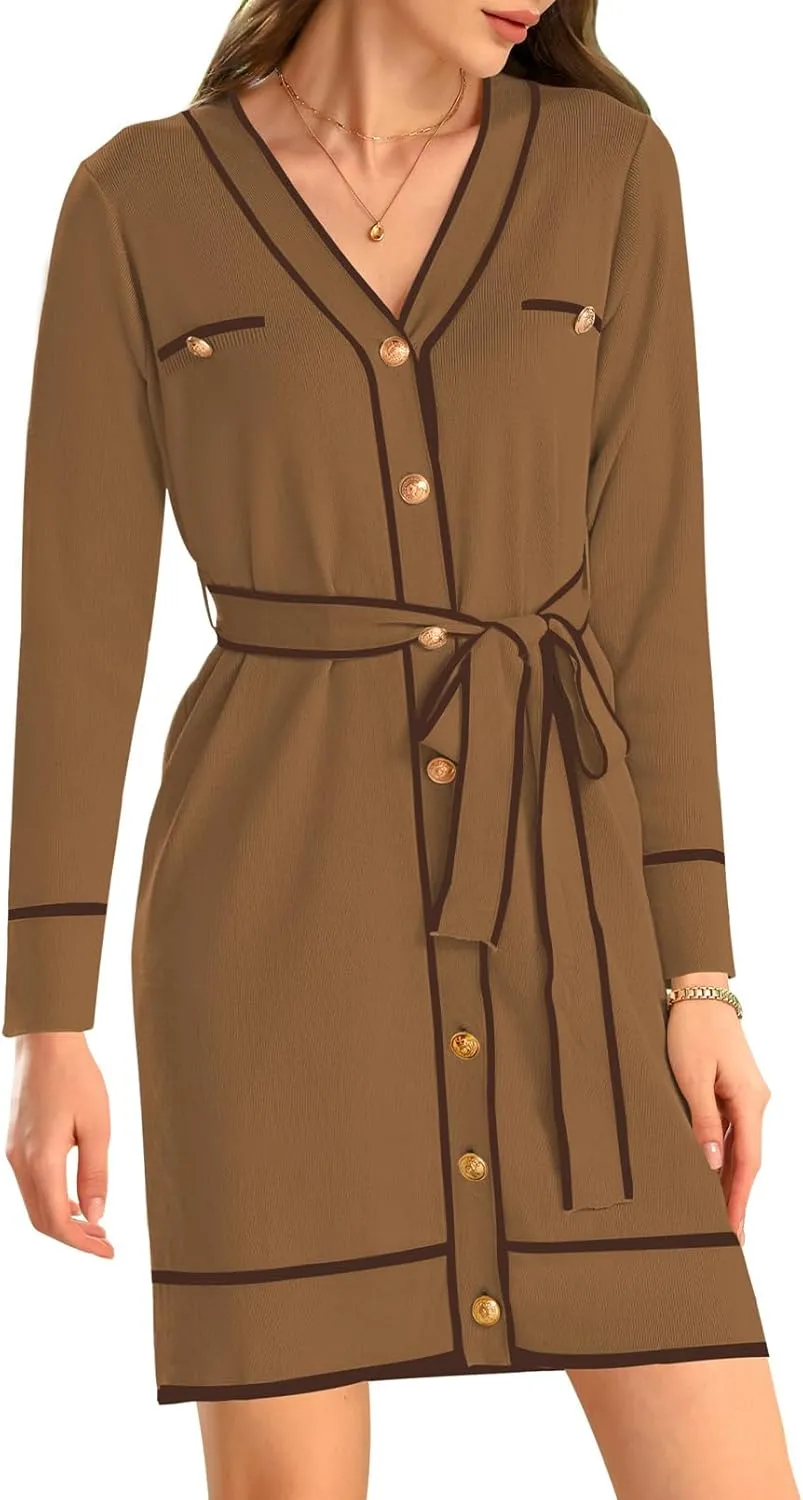Pink Queen Women's Long Sleeve Button Down Mini Dress Elegant V Neck Open Front Color Block Knit Sweater Cardiagns with Belt