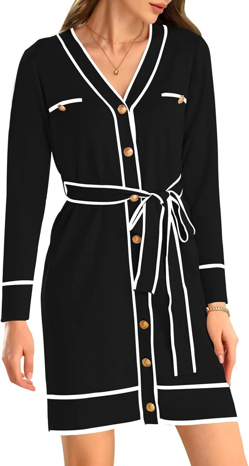 Pink Queen Women's Long Sleeve Button Down Mini Dress Elegant V Neck Open Front Color Block Knit Sweater Cardiagns with Belt