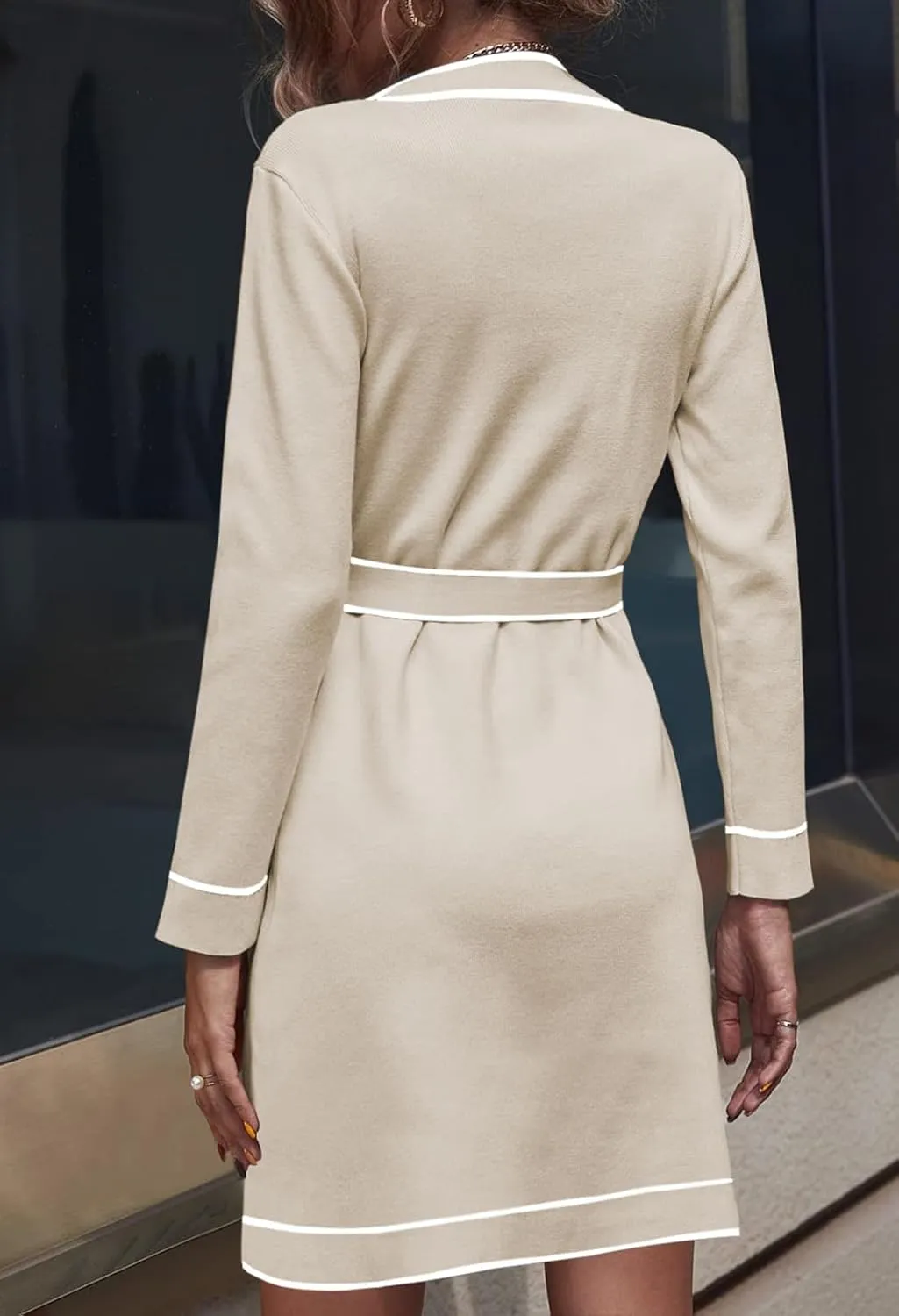 Pink Queen Women's Long Sleeve Button Down Mini Dress Elegant V Neck Open Front Color Block Knit Sweater Cardiagns with Belt