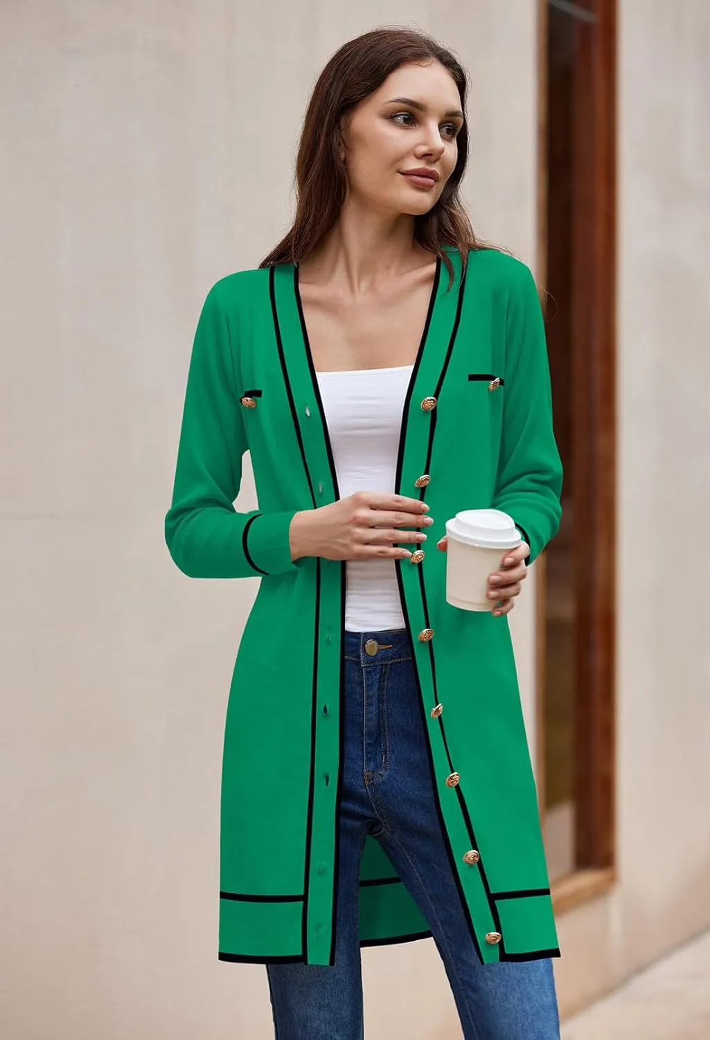 Pink Queen Women's Long Sleeve Button Down Mini Dress Elegant V Neck Open Front Color Block Knit Sweater Cardiagns with Belt