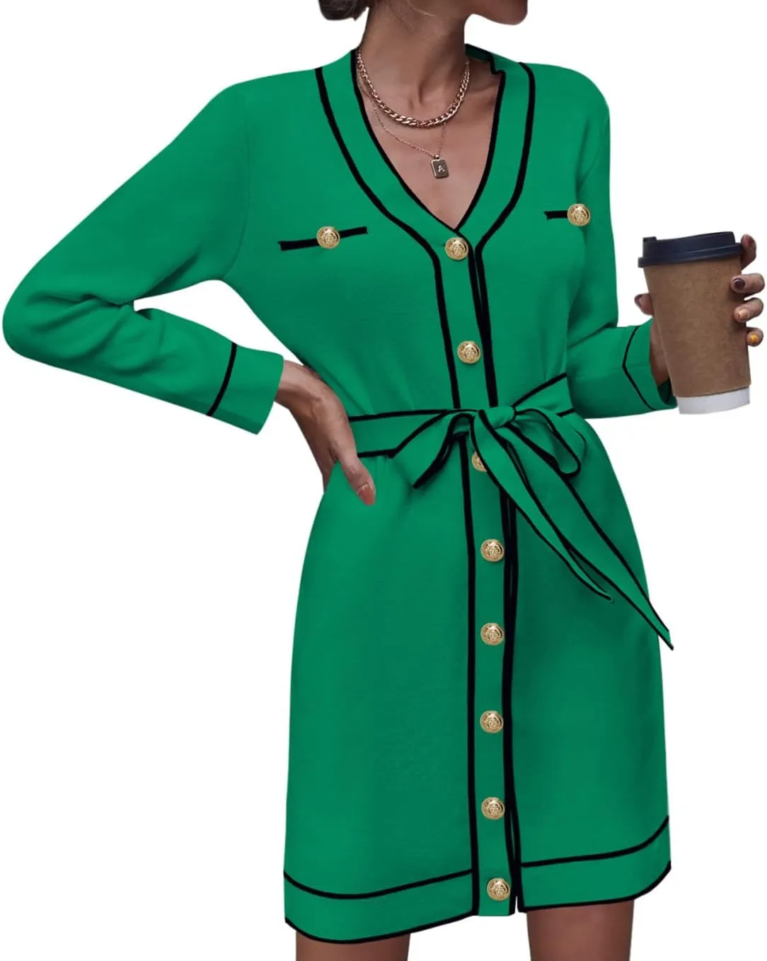 Pink Queen Women's Long Sleeve Button Down Mini Dress Elegant V Neck Open Front Color Block Knit Sweater Cardiagns with Belt
