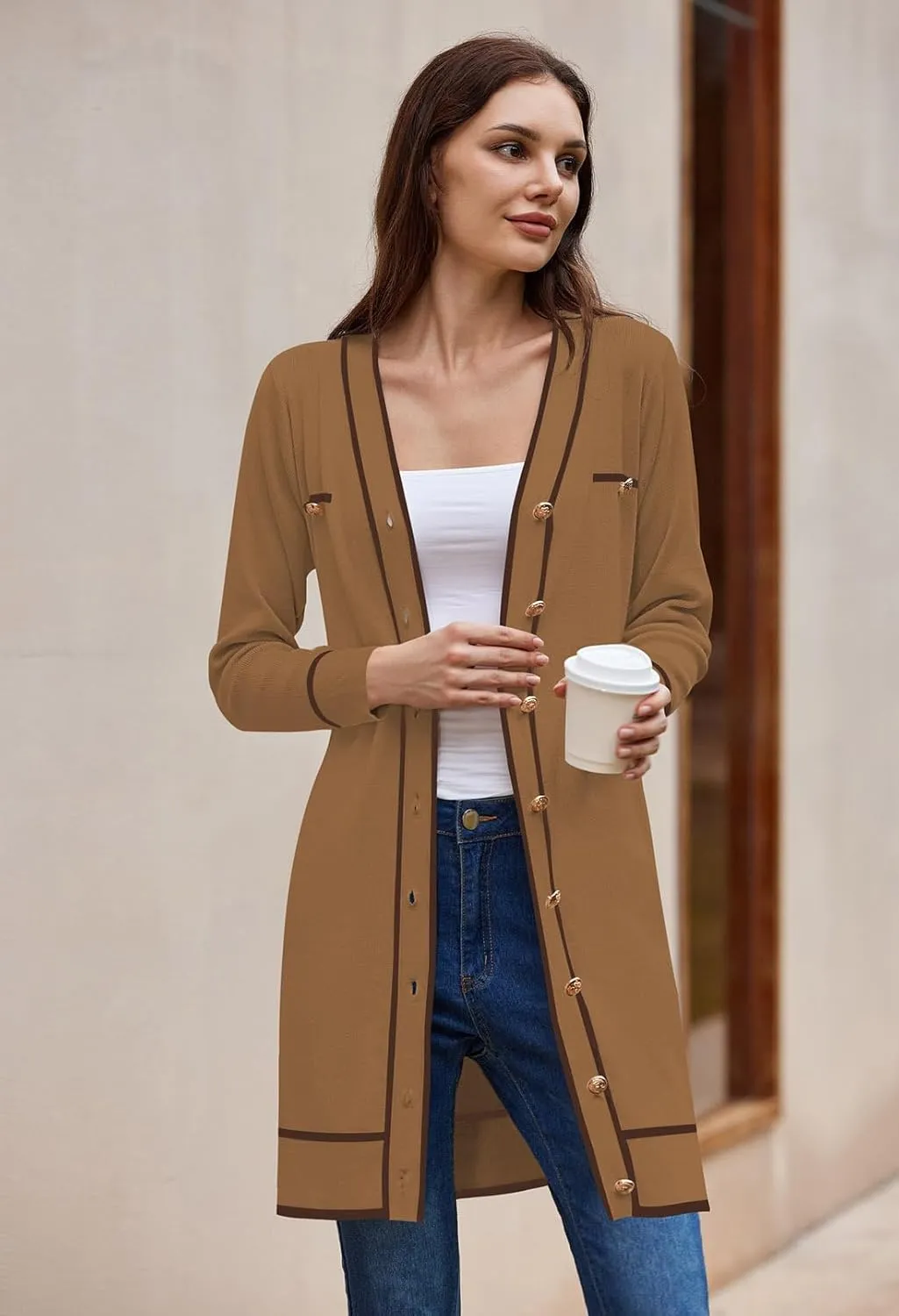 Pink Queen Women's Long Sleeve Button Down Mini Dress Elegant V Neck Open Front Color Block Knit Sweater Cardiagns with Belt