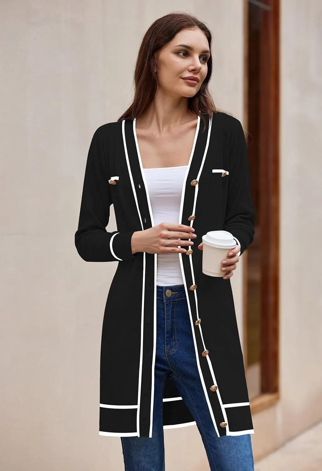 Pink Queen Women's Long Sleeve Button Down Mini Dress Elegant V Neck Open Front Color Block Knit Sweater Cardiagns with Belt