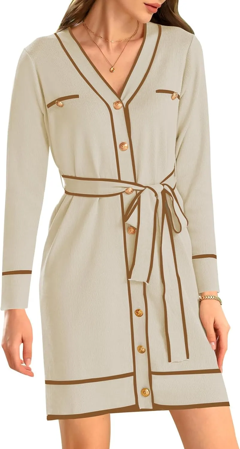 Pink Queen Women's Long Sleeve Button Down Mini Dress Elegant V Neck Open Front Color Block Knit Sweater Cardiagns with Belt