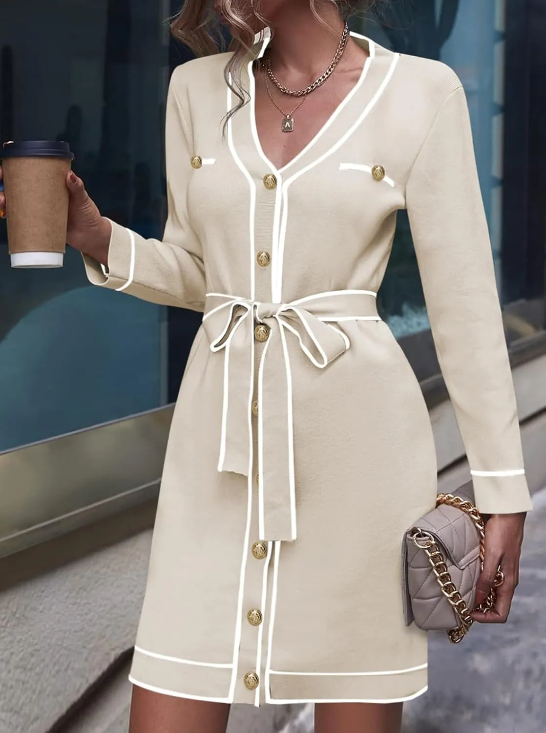 Pink Queen Women's Long Sleeve Button Down Mini Dress Elegant V Neck Open Front Color Block Knit Sweater Cardiagns with Belt
