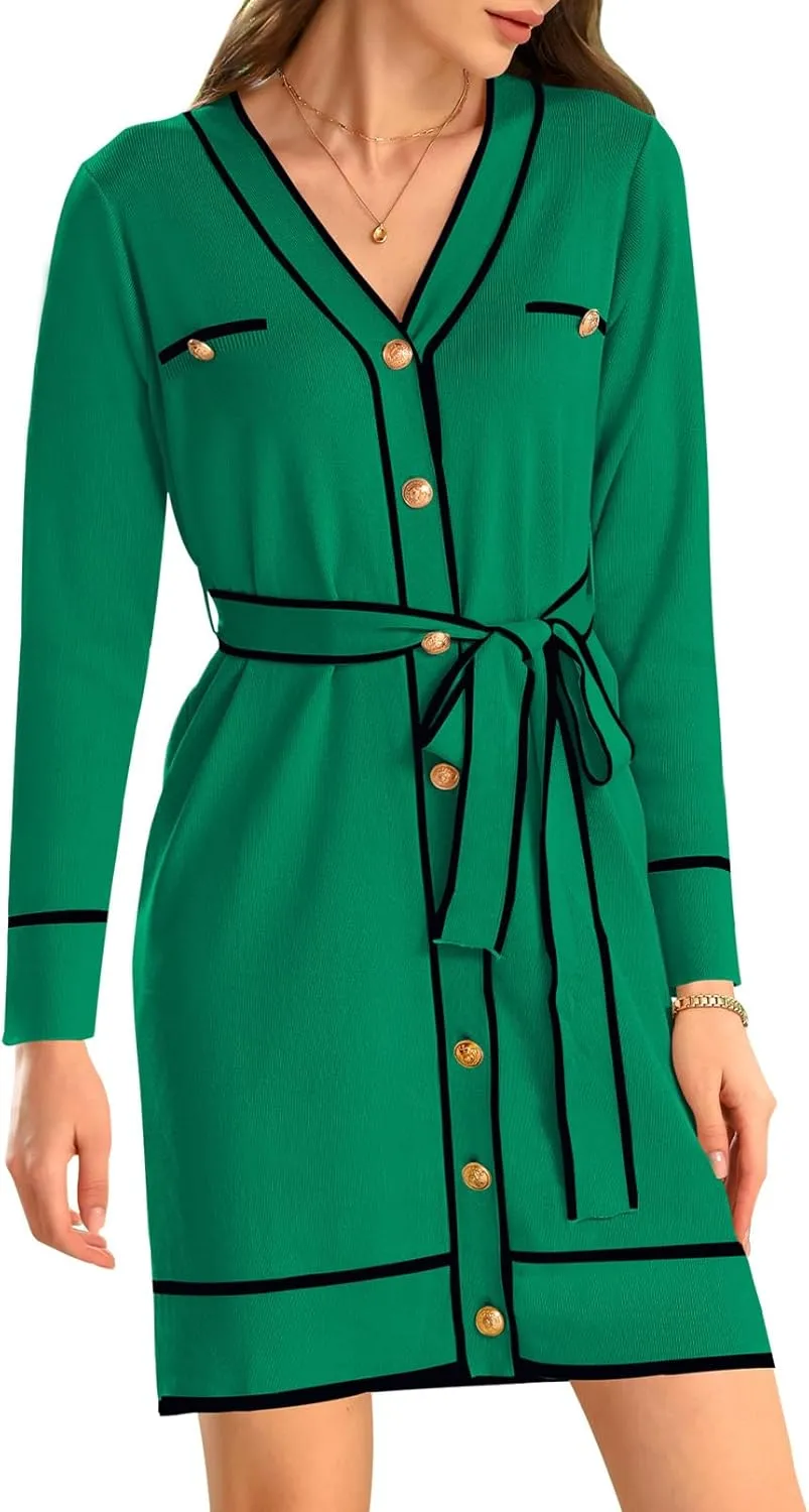 Pink Queen Women's Long Sleeve Button Down Mini Dress Elegant V Neck Open Front Color Block Knit Sweater Cardiagns with Belt