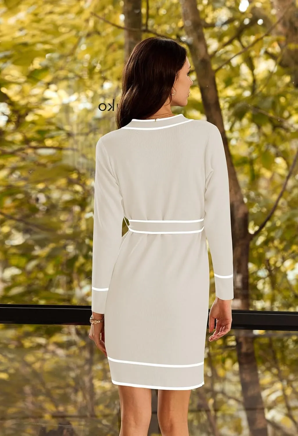 Pink Queen Women's Long Sleeve Button Down Mini Dress Elegant V Neck Open Front Color Block Knit Sweater Cardiagns with Belt