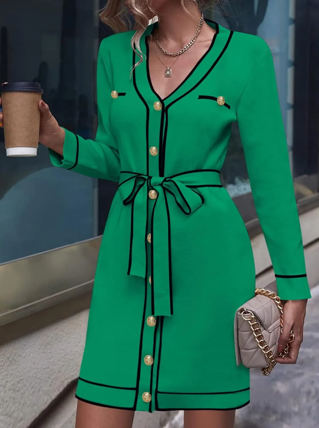 Pink Queen Women's Long Sleeve Button Down Mini Dress Elegant V Neck Open Front Color Block Knit Sweater Cardiagns with Belt