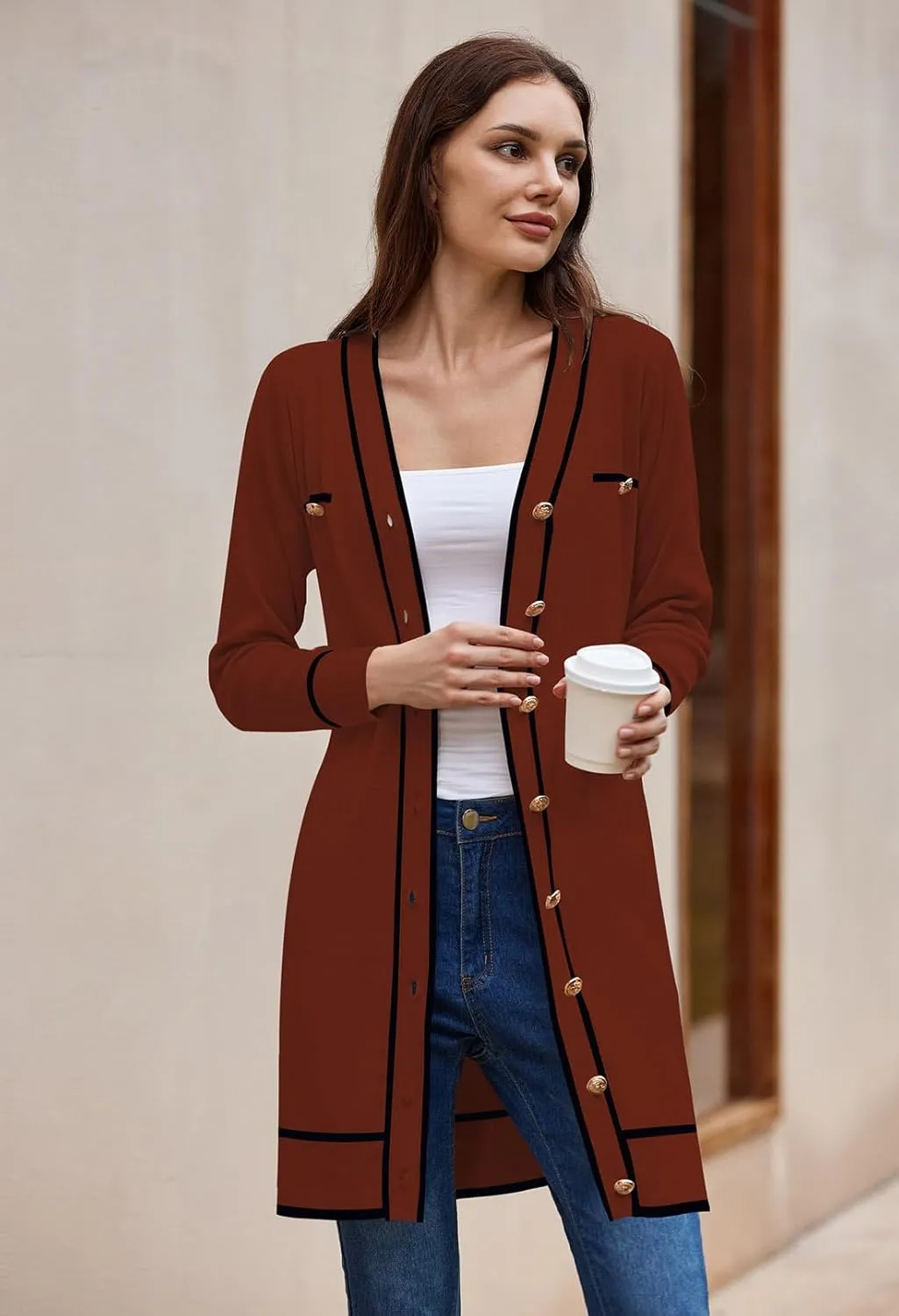 Pink Queen Women's Long Sleeve Button Down Mini Dress Elegant V Neck Open Front Color Block Knit Sweater Cardiagns with Belt