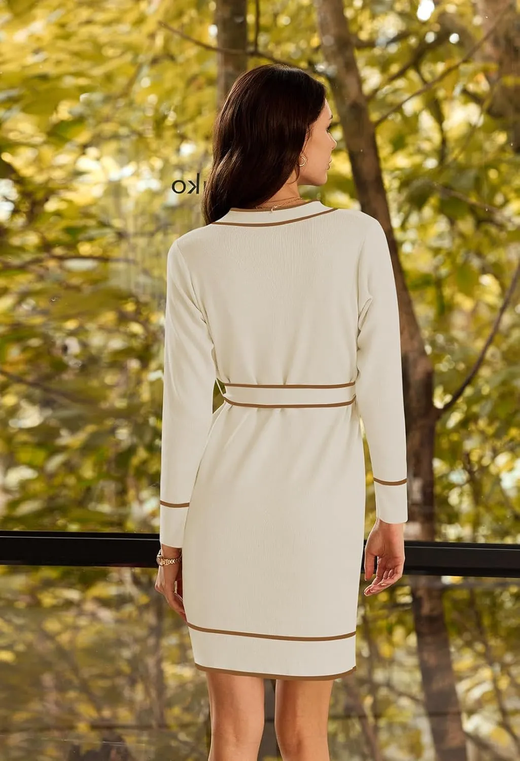 Pink Queen Women's Long Sleeve Button Down Mini Dress Elegant V Neck Open Front Color Block Knit Sweater Cardiagns with Belt