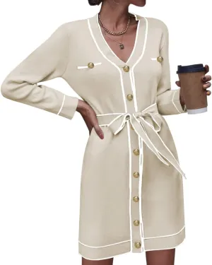 Pink Queen Women's Long Sleeve Button Down Mini Dress Elegant V Neck Open Front Color Block Knit Sweater Cardiagns with Belt