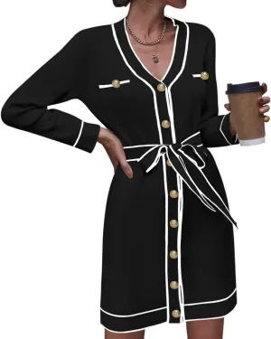 Pink Queen Women's Long Sleeve Button Down Mini Dress Elegant V Neck Open Front Color Block Knit Sweater Cardiagns with Belt