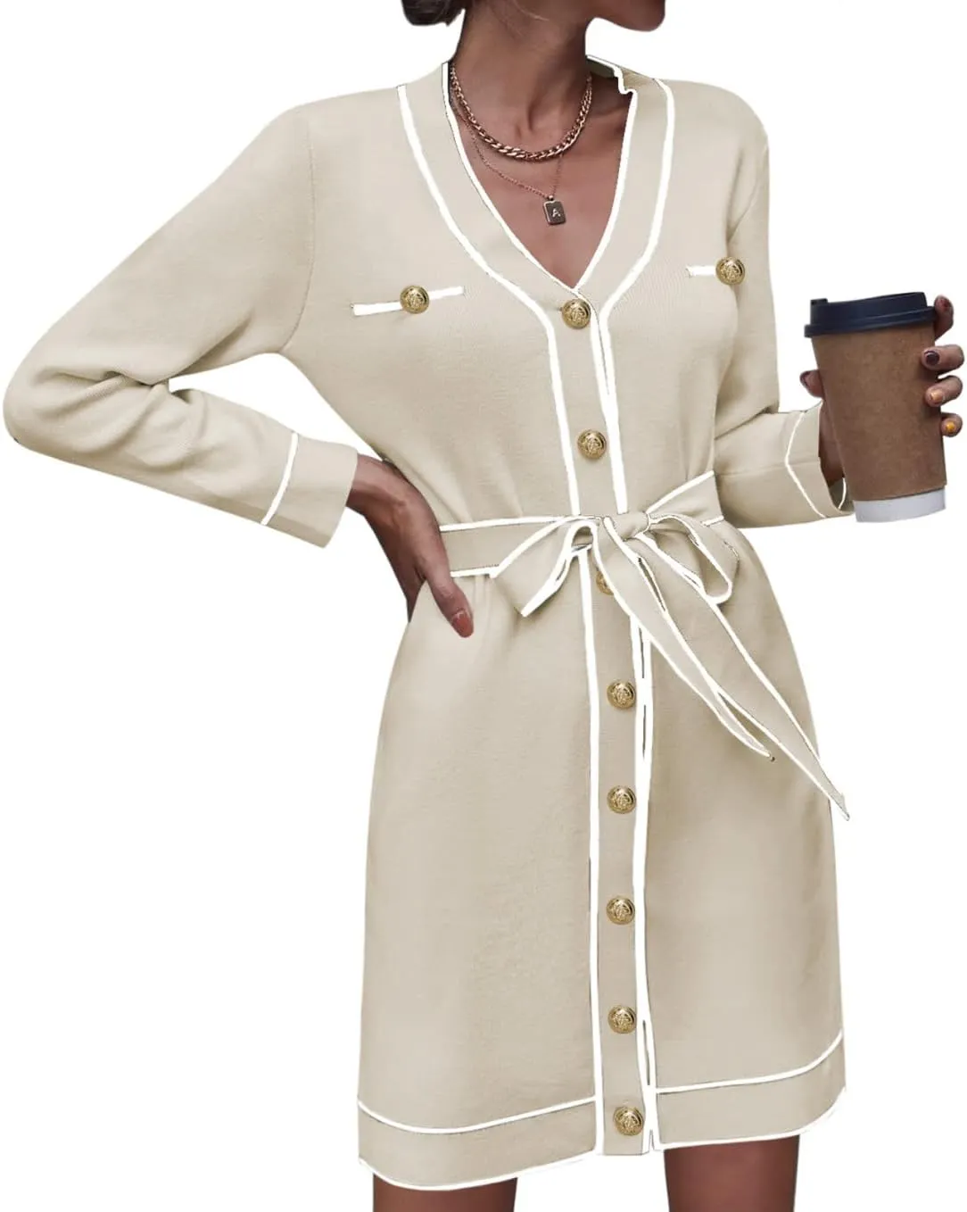 Pink Queen Women's Long Sleeve Button Down Mini Dress Elegant V Neck Open Front Color Block Knit Sweater Cardiagns with Belt