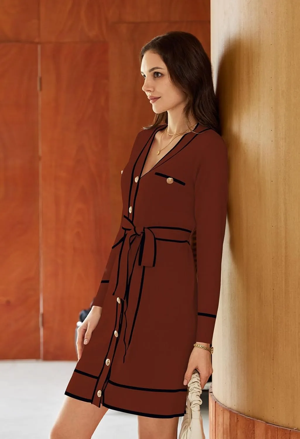 Pink Queen Women's Long Sleeve Button Down Mini Dress Elegant V Neck Open Front Color Block Knit Sweater Cardiagns with Belt
