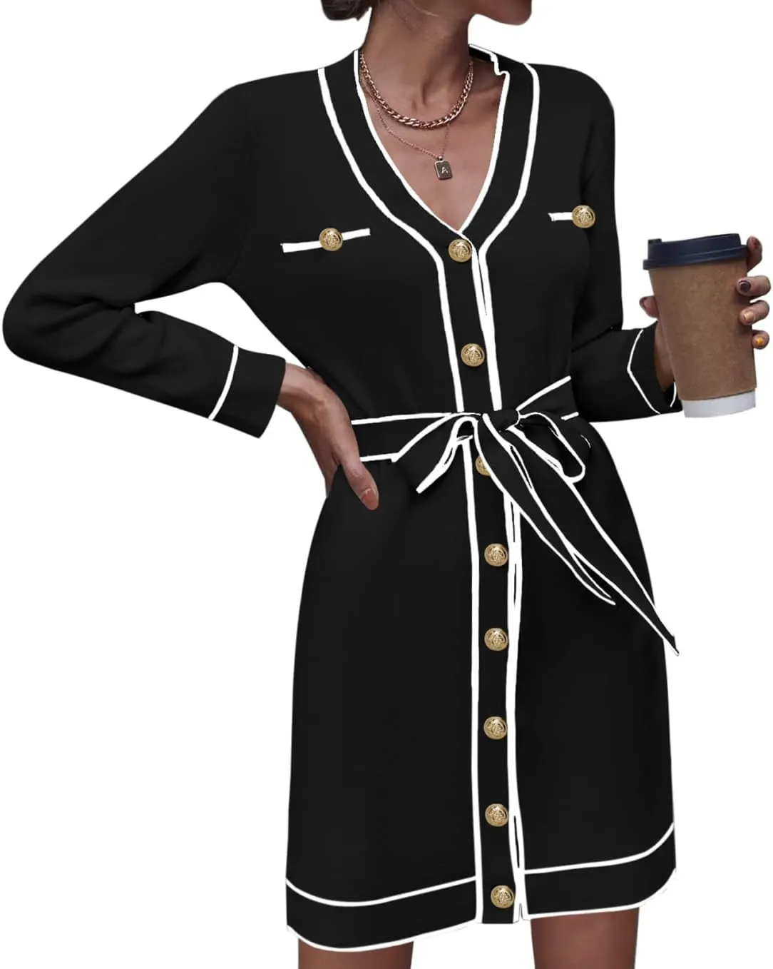 Pink Queen Women's Long Sleeve Button Down Mini Dress Elegant V Neck Open Front Color Block Knit Sweater Cardiagns with Belt