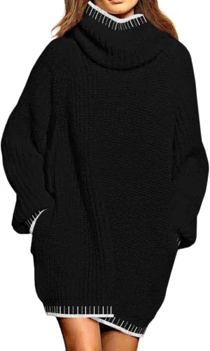 Pink Queen Women's Oversized Turtleneck Sweater Dress 2024 Casual Loose Long Sleeve Fall Winter Knit Mini Dress with Pockets
