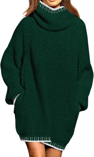 Pink Queen Women's Oversized Turtleneck Sweater Dress 2024 Casual Loose Long Sleeve Fall Winter Knit Mini Dress with Pockets