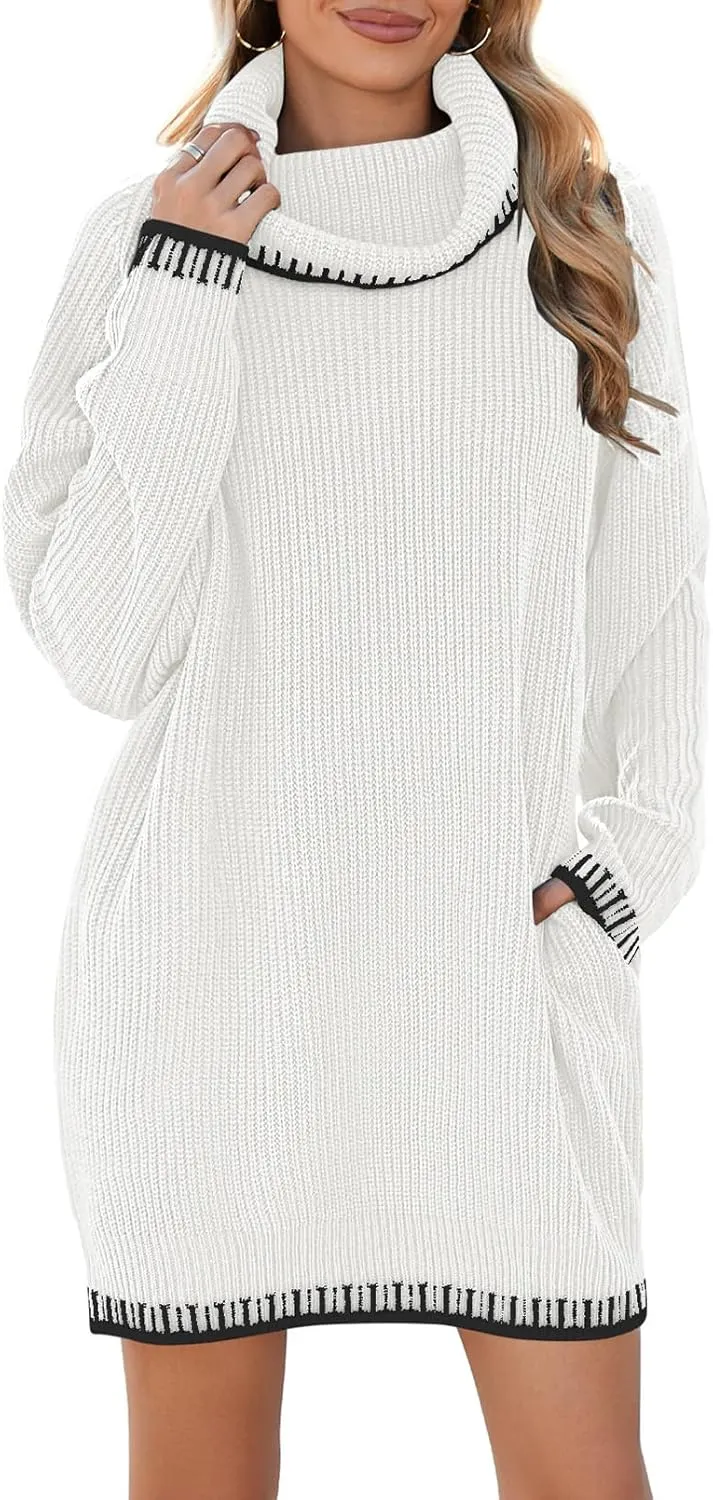 Pink Queen Women's Oversized Turtleneck Sweater Dress 2024 Casual Loose Long Sleeve Fall Winter Knit Mini Dress with Pockets