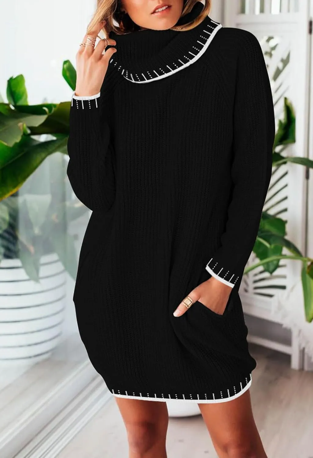 Pink Queen Women's Oversized Turtleneck Sweater Dress 2024 Casual Loose Long Sleeve Fall Winter Knit Mini Dress with Pockets