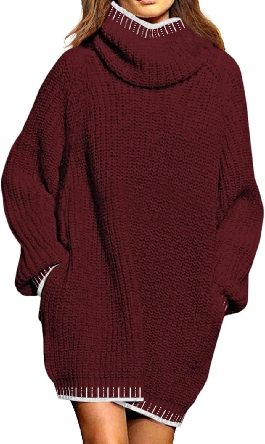 Pink Queen Women's Oversized Turtleneck Sweater Dress 2024 Casual Loose Long Sleeve Fall Winter Knit Mini Dress with Pockets