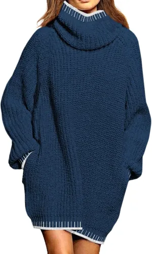 Pink Queen Women's Oversized Turtleneck Sweater Dress 2024 Casual Loose Long Sleeve Fall Winter Knit Mini Dress with Pockets