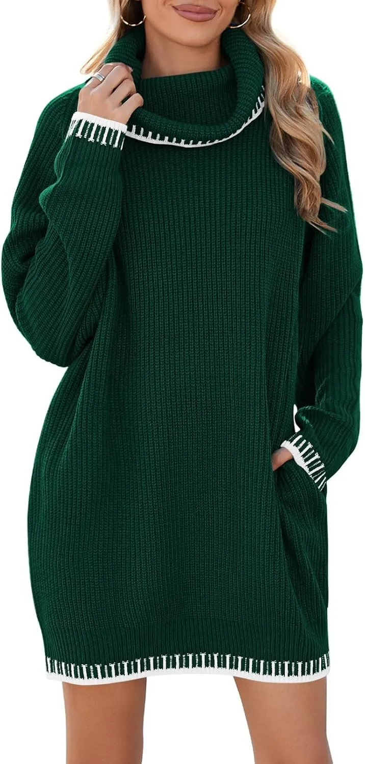 Pink Queen Women's Oversized Turtleneck Sweater Dress 2024 Casual Loose Long Sleeve Fall Winter Knit Mini Dress with Pockets