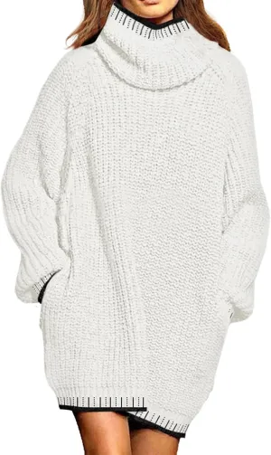 Pink Queen Women's Oversized Turtleneck Sweater Dress 2024 Casual Loose Long Sleeve Fall Winter Knit Mini Dress with Pockets