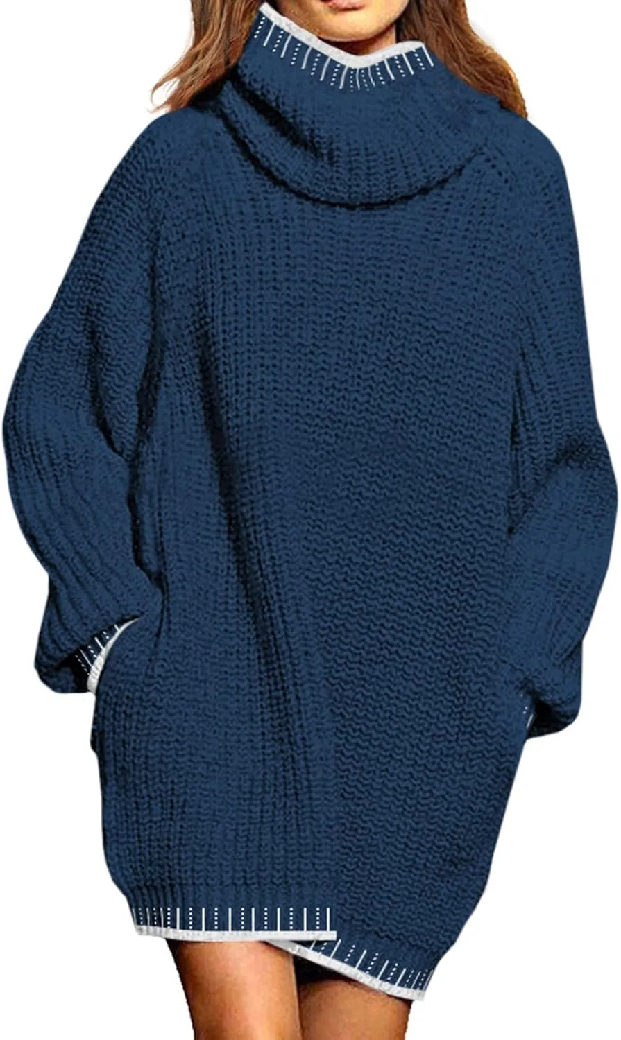 Pink Queen Women's Oversized Turtleneck Sweater Dress 2024 Casual Loose Long Sleeve Fall Winter Knit Mini Dress with Pockets