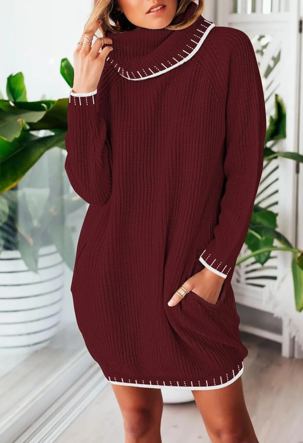 Pink Queen Women's Oversized Turtleneck Sweater Dress 2024 Casual Loose Long Sleeve Fall Winter Knit Mini Dress with Pockets